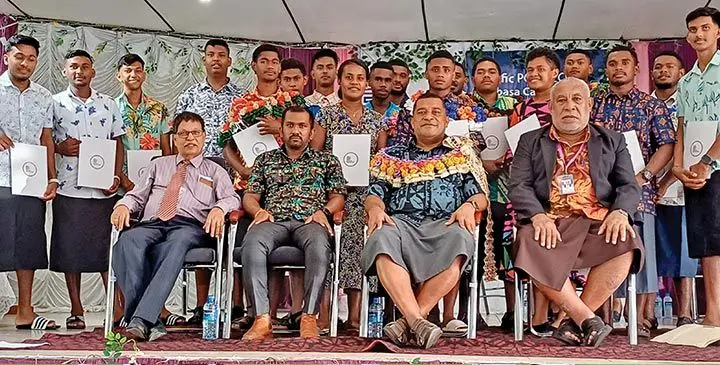 Pacific Polytech director Peni Taoi (sitting right), beside the Acting Minister for Education and Minister for Local Government and Housing Maciu Nalumisa with guests and graduates during the Pacific Polytech graduation at Civic Centre in Labasa on May 23, 2025. Photo: Shratika Naidu