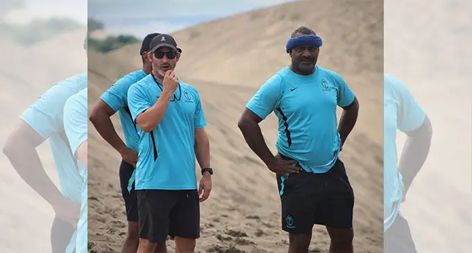 Fiji Airways Fijian 7s head coach Ben Gollings (left), with his assistant Viliame Satala at the sand dunes in Sigatoka. Photo: FRU Media