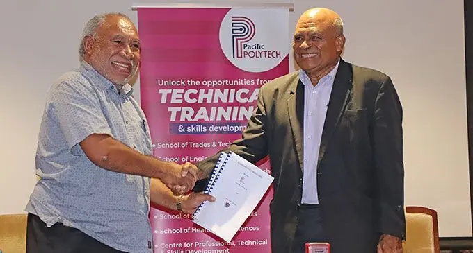 Suva City Council acting chief executive officer Tevita Boseiwaqa (right), and Pacific Polytech founding director Peni Taoi during the signing of the MoU at Suva Civic Centre on August 12, 2024. Photo: Jone Salusalu