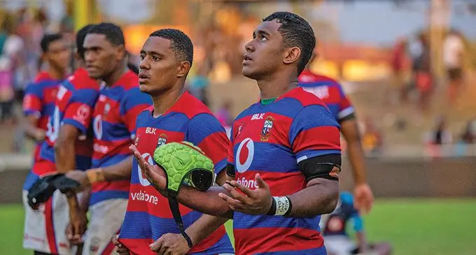 Marist Brothers High School Under-18 rugby players modest in victory after their semi-final triumph over Ba Provincial Free Bird Institute at Prince Charles Park, Nadi, on October 1, 2022. Photo: Leon Lord