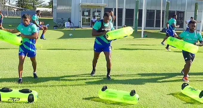 Swire Shipping Fijian Drua players (from left) Simione Kuruvoli, Kalione Nasoko and Onisi Ratave during training at their training base in New South Wales, Australia. The Drua are scheduled to play Blues in their Super Rugby Pacific opener on February 19, 2021 in Eden Park, Auckland, New Zealand. Photo: Fijian Drua