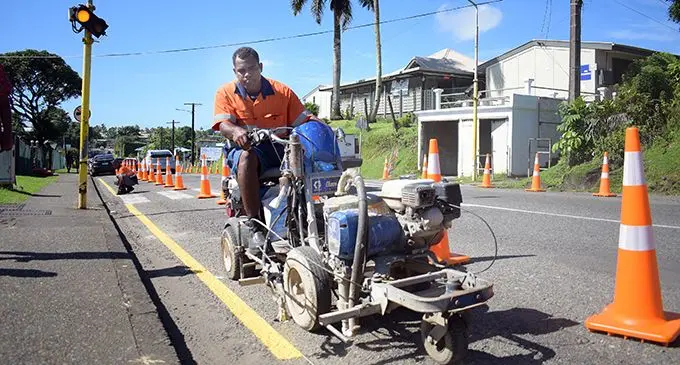 Fiji Roads Authority sub-contractors marked the yellow line at Brown Street pedestrian crossing near Hoodless House on May 24, 2019. Photo: Ronald Kumar
