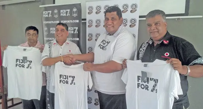 From left; Fiji Football Association vice-president Yogeshwar Singh, Fiji FA president Rajesh Patel, Fiji Rugby Union chief executive officer John O’Connor and Fiji FA CEO Mohammed Yusuf during the Fiji 7s bid press conference at the Fiji FA Academy in Vatuwaqa, Suva on February 19, 2018. Photo: Peni Komaisavai
