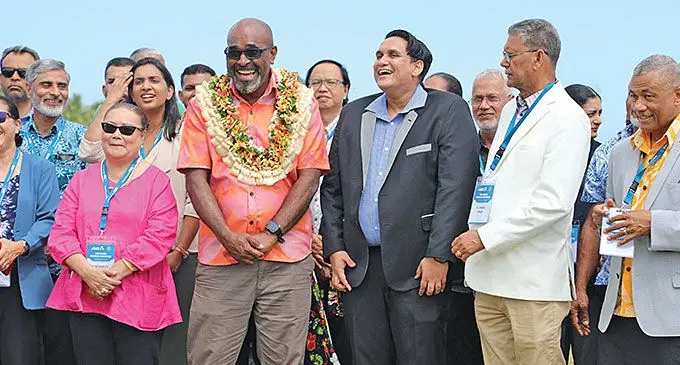 Minister for Health and Medical Services Dr Ratu Atonio Lalabalavu (with garland), Fiji Medical Association president Dr Basharat Munshi (in black and blue suit) with the members of the association during the conference at Hilton Fiji Beach Resort and Spa on September 15, 2024. Photo: Ministry of Health and Medical Services