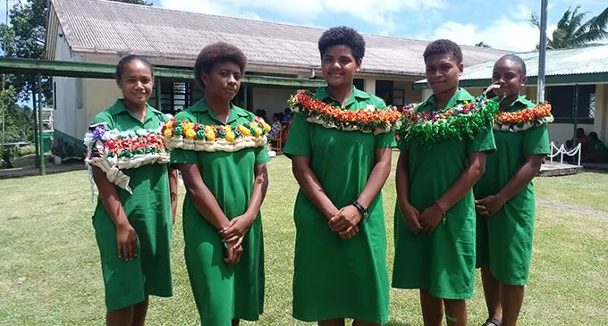 From left: Ballantine Memorial School assistant head girl day scholar Sera Waqabaca, Deputy head girl day scholar Serei Tinaimakubuna, head girl Kereni Saurara, assistant head girl boarder Unaisi Kilawekana, deputy head girl boarder Nanise Rakai following the prefect induction on March 10, 2023. Photo: Jone Salusalu