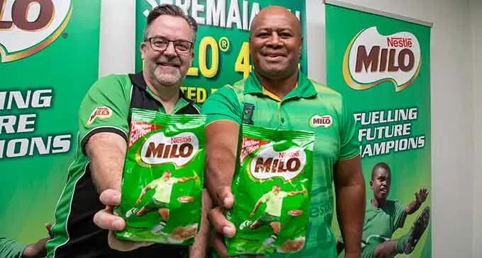 From left; Nestle general manager Fiji and Pacific Islands Tim Inkster and Rugby Academy Fiji founder Seremaia Bai during the new Milo product launch at Wailekutu, Lami , on July 4, 2022. Photo: Leon Lord.