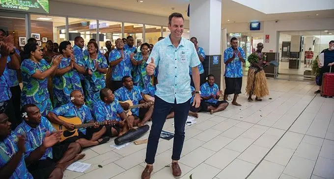 Tourism Fiji Chief Executive Officer Brent Hill during the opening of Fiji’s international borders at the Nadi International Airport in on December 1 2021. Photo- Leon Lord