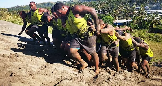 Fijian Latui veteran No.8 Eremasi Radrodro (second from left) leads the charge during their training run at the Sigatoka sand dunes in Kulukulu, Nadroga on February 21, 2020. Photo: FRU Media