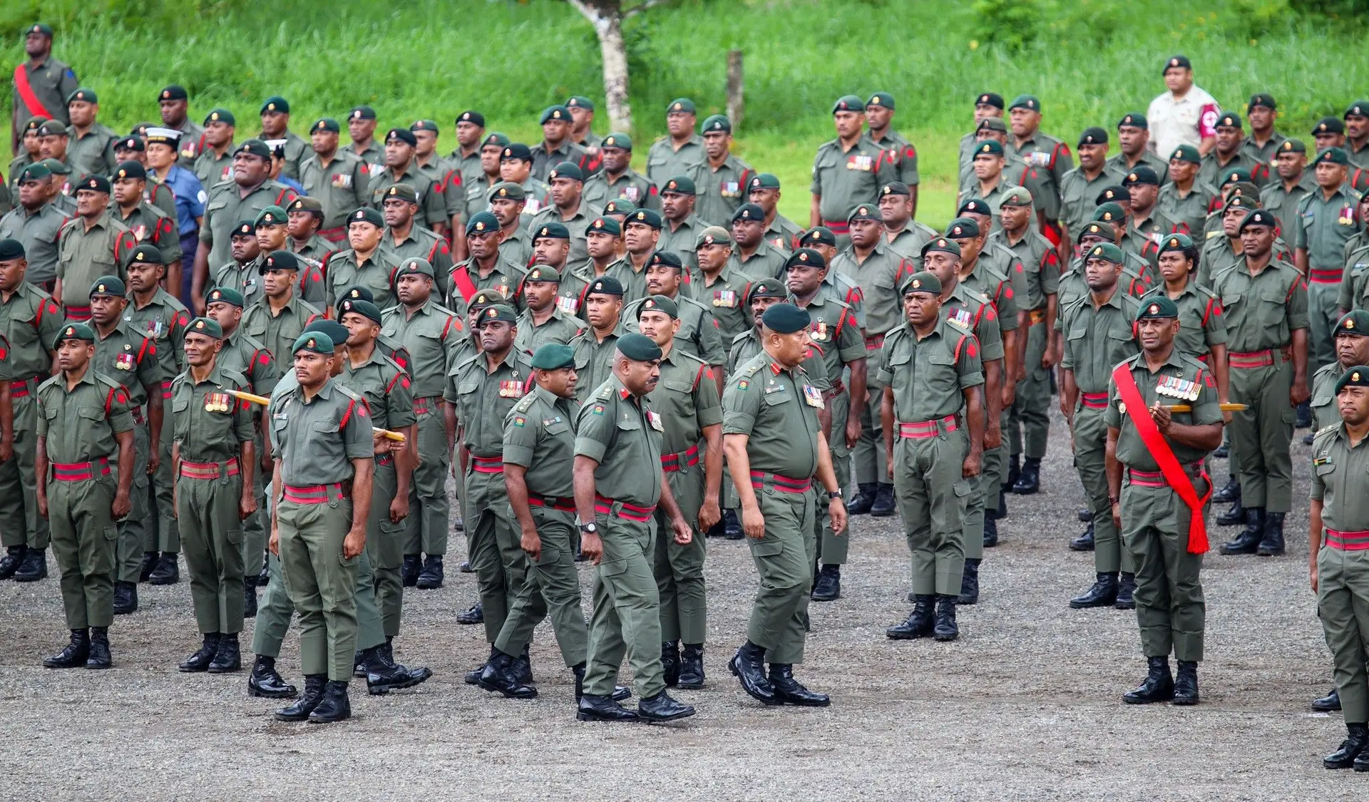 Commander of the RFMF, Major-General Ro Jone Kalouniwai conducts inspecting during the End of Year Parade at the Force Training Ground in Nasinu.