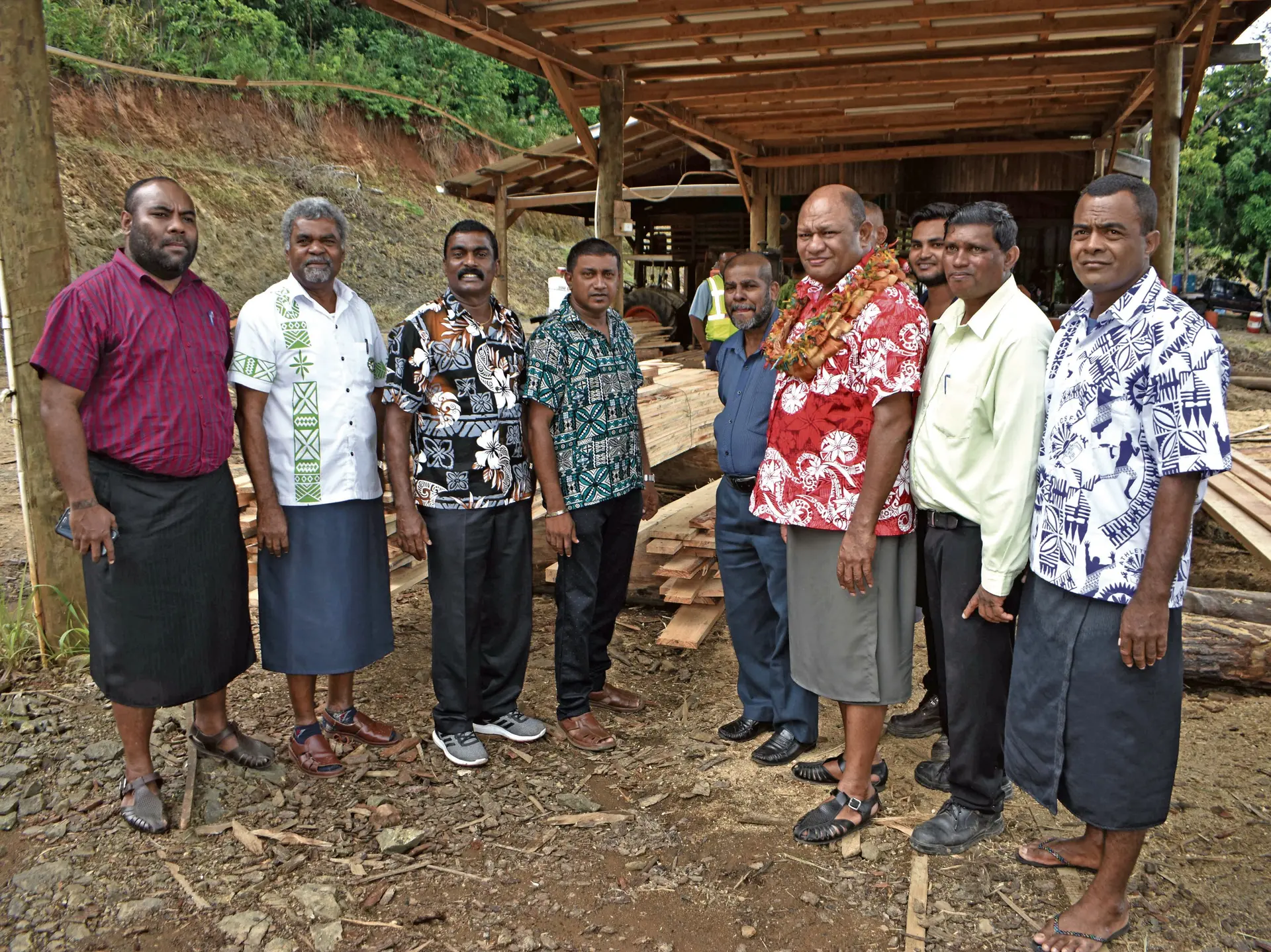 Minister for Forests Osea Naiqamu (third from the right), with his team and employees of Vanua Levu Pallets and Sawmill Limited at Vunika in Labasa on February 21, 2018. Photo: Shratika Naidu