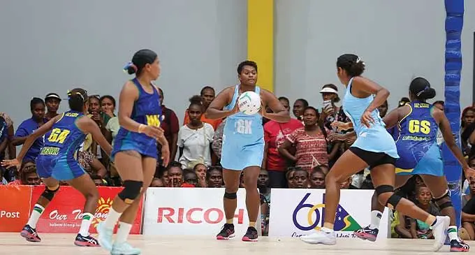 Fiji Pearls goalkeeper Alisi Naqiri looks for support during their 2023 Pacific Games match against Solomon Islands. The Pearls are now ranked 15. Photo: Sereana Salalo