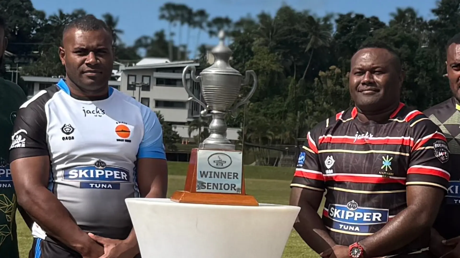 Malolo captain Emanueli Bari (left) and Naitasiri captain Asiveli Rokoua during the launch at Albert Park, Suva, on July 4, 2026. 