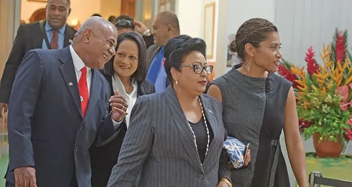 From left: Opposition Member of Parliament Simione Rasova with Minister for Education Rosy Akbar, Assistant Minister for Women Veena Bhatnagar and Opposition MP Lynda Tabuya outside Parliament on February 20, 2020. Photo: Ronald Kumar