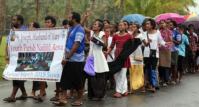 Members of the St.Joseph, Husband of Mary Youth Parish from Nailili Rewa marching to mark the Echaristic Celebration Synod Launch in Suva on June 30,2019.Photo:Simione Haravanua.