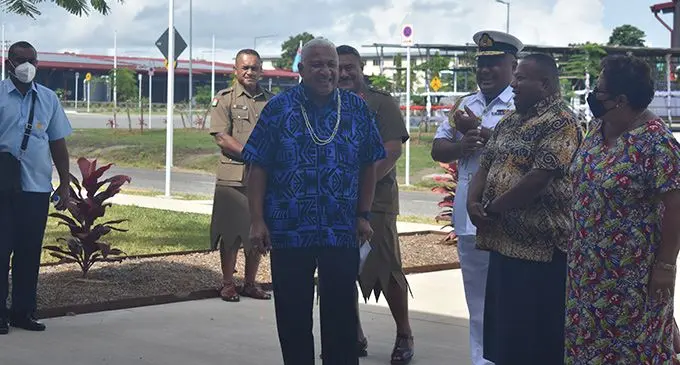 Prime Minister, Voreqe Bainimarama having a chat with his wife, Mary Bainimarama, the Minister for Rural, Maritime Development and Disaster Management, Defence, National Security and Policing, Inia Seruiratu and the Republic of the Fiji Military Forces Naval Division, Commodore Humphrey Tawake at the state-of-the art Blackrock Peacekeeping and Humanitarian Assistance and Disaster Relief Camp in Nadi on March 14, 2022. Photo: Nicolette Chambers