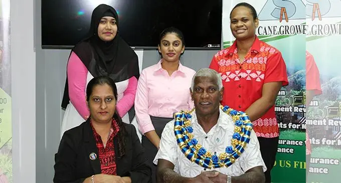 (Standing, from left) Shaista Sheik, Ashlin Prasad and Unaisi Mataitoga with the SCGF Human Resource Officer, (sitting, left) Prithi  Ram and the Assistant Minister for Sugar, George Vegnathan.