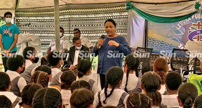 Minister for Education, Heritage and Arts Premila Kumar speaks to students of Levuka Public School on March 1, 2022. Photo: Inoke Rabonu