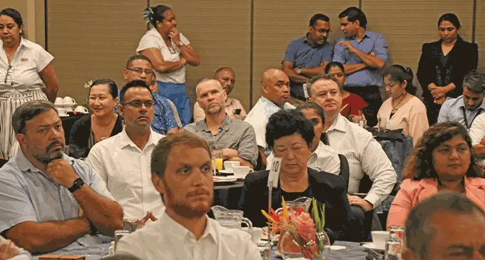 Business leaders during a business breakfast at the Grand Pacific Hotel in Suva on April 26, 2023.