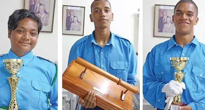 Gospel High School Best Female cadet 2019 Lauryn Inia, Baton of Honor recipient and Gospel High School head boy Inia Mills and Best Male cadet 2019 and deputy head boy Mosese Naco. Photo: Simione Haravanua