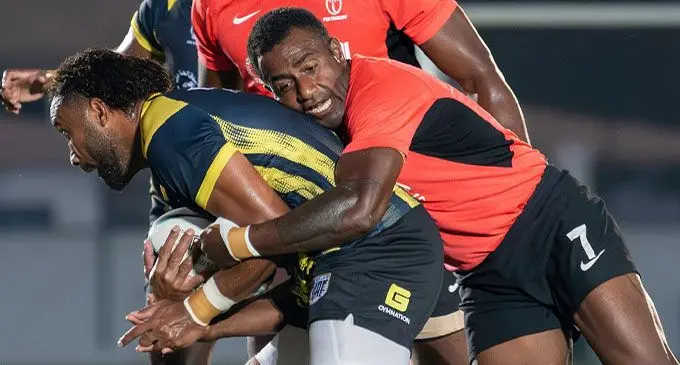 Fiji Airways Fiji men’s rugby sevens player Filipe Sauturaga tackles a member of the Shaheen team during their friendly match in Dubai, United Arab Emirates on November 23, 2024. Photo: UAE Rugby