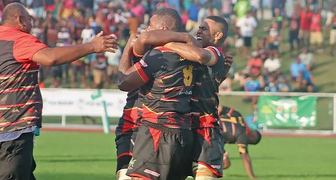 Naitasiri players celebrate with No.8 Marika Vakacabeqoli after defeating Lautoka in the Farebrother Sullivan Trophy challenge at Churchill Park, Lautoka, on May 25, 2024. Photo: FRU Media
