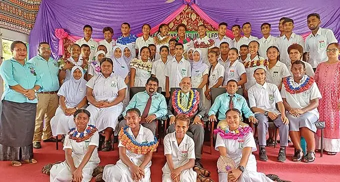Minister for Employment, Productivity, and Industrial Relations Agni Deo Singh with teachers and prefects of Labasa Muslim College on February 22, 2024. Photo: Shratika Naidu