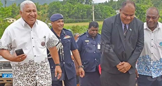 Prime Minister Voreqe Bainimarama (left) and Police Commissioner Brigadier-General Sitiveni Qiliho (second from left) with officers and government officials at the opening of the new Dawasamu Police Post in Tailevu on July 9, 2020. Photo: Inoke Rabonu
