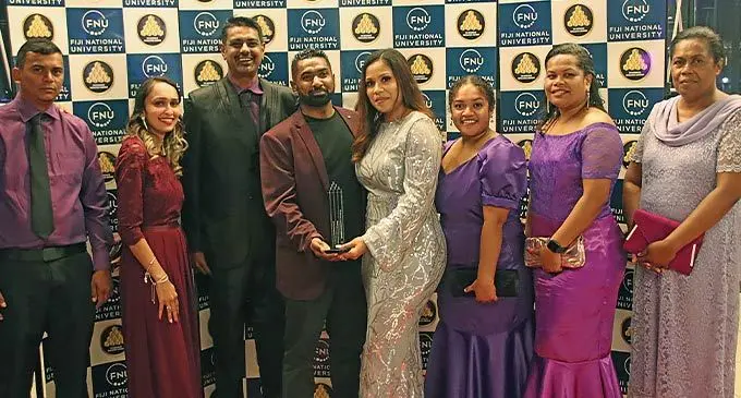 Movements International Fiji sales and marketing manager Ritesh Hans (third from left), directors Philip Bali and Latika Bali, celebrating their first win at the Fiji Business Excellence Award on November 5,2022 at the Grand Pacific Hotel. Photo: Sosiveta Korobiau