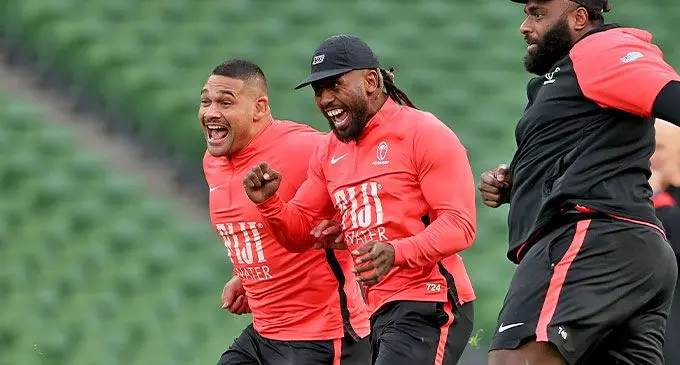 Flying Fijians (left-right) Sam Matavesi, Frank Lomani and Luke Tagi during training in Cardiff, Wales, on November 12, 2024. Photo: FRU Media