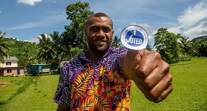 Petero Koroduva, 25, after casting his vote at Ro Matanitobua Memorial School in Namuamua Village, Namosi, on December 5, 2022. Photo: Leon Lord