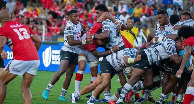 Vodafone Flying Fijians halfback Peni Matawalu (first from left) during their Pacific Nations Cup match against Tonga at the HFC Bank Stadium, Suva, on July 2, 2022. Photo: Leon Lord
