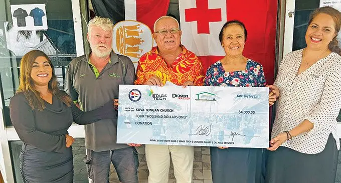 From left Royal Suva Yacht Club (RSYC) General Manager, Razia Nisha, RSYC Vice Commodore, Patrick Todd, RSYC Commodore, Spencer Ah- Sam, Suva Tongan Church Treasurer, Ana Fa and Secretary Sina Kami.  Photo: Nolishma Narayan