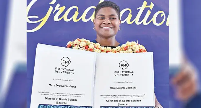 Fiji National University graduate Mere Drewai Vesikula with her Diploma in Sports Science certificates at the Vodafone Arena on December 10, 2024. Photo: Ronald Kumar