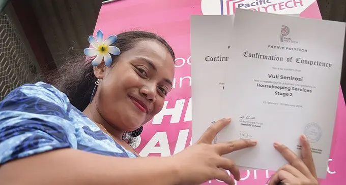 Vuli Senirosi after graduating with a Certificate in Houskeeping Services Stage 2 from Pacific Polytech on April 4, 2024. Photo: Ronald Kumar