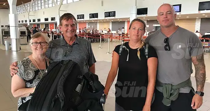 From left: Maui Bay residents Bill Williams with wife Carmel Trotter and British couple Aaron Chase and Laura Pagent at the Nadi International Airport on March 26, 2020. Photo: Waisea Nasokia