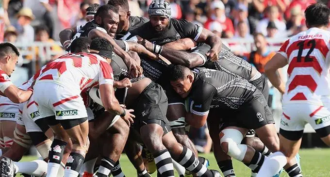Fiji Airways Flying Fijian hooker Sam Matavesi (with ball) in a forward drive against Japan at the Kamaishi Recovery Memorial Stadium in the Iwate Prefecture, Japan on July 27, 2019. Photo: Kenji Demura