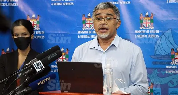 Permanent Secretary for Health and Medical Services Dr James Fong makes his announcement about the Suva-Nausori Corridor lockdown on April 30, 2021.. Photo: Leon Lord