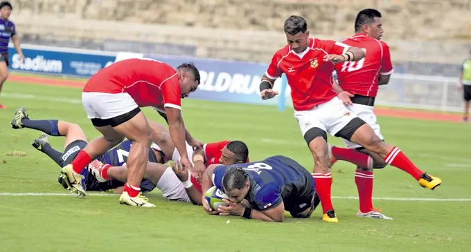 Junior Japan's Number 8, Tevita Tatafu goes in for their final try against Tonga A during 2018 World Rugby Pacific Challenge at ANZ Stadium on March 9, 2018. Photo: Ronald Kumar.
