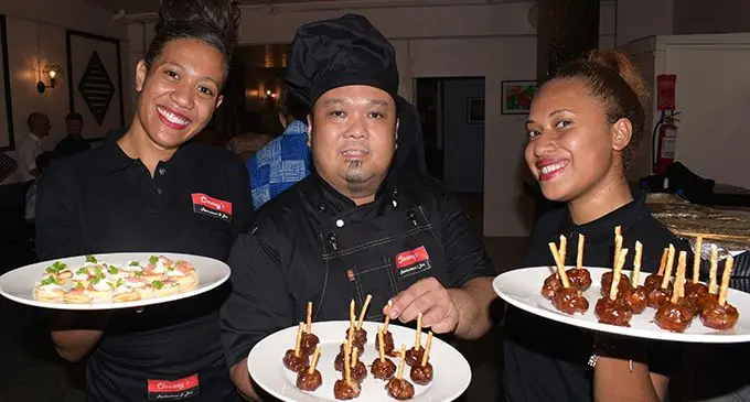 Clooney’s Resturant and Bar staff, Asenaca Baleikatuba (left), Bryan Uy and Seteri Uluibua during the resturant soft opening at Victoria Parade in Suva on August 17, 2019.  Photo: Ronald Kumar 