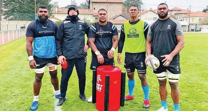 From left: Albert Tuisue, Vern Cotter, Johnny Dyer, Manueli Ratuniyarawa and Mesulame Kunavula at their camp base in France. Photo: FRU