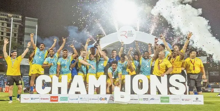 Chennai Bulls with head coach Ben Gollings (left) with Filipe Sauturaga and Joseva Talacolo celebrate winning the inaugural Rugby Premier League at the Shahaji Raje Bhosale Sports Complex in Mumbai, India, on June 30, 2025. Bulls beat Tomasi Cama coached-Delhi Redz 41-0 in the Cup final while Hyderabad Heroes finished third, Photo: Rugby Premier League