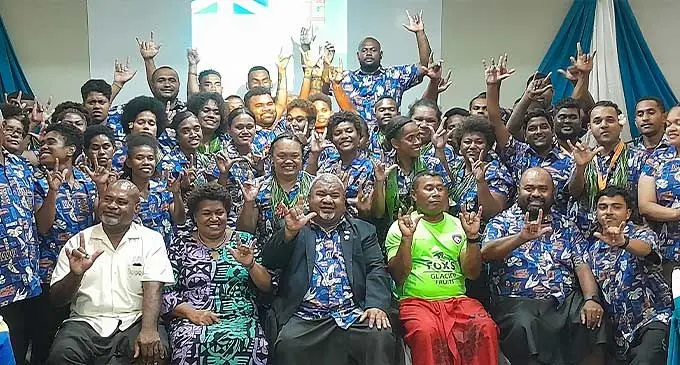 Minister for Youth and Sports Jese Saukuru {third sitting from left), and sevens maestro Waisale Serevi with members of the Team Fiji Deaf contingent at the Novotel Hotel, Nadi on January 24, 2024. Photo: Waisea Nasokia