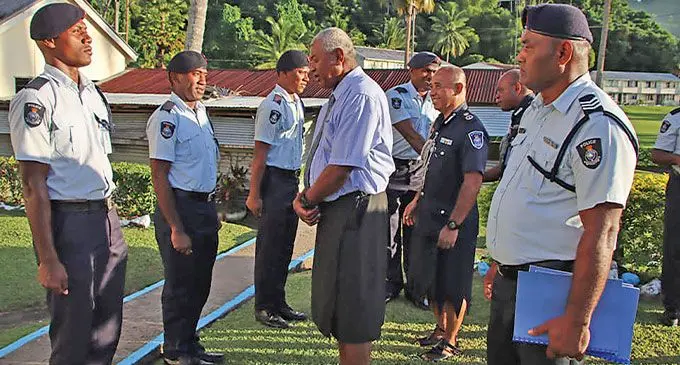 Minister for Home Affairs and Immigration Pio Tikoduadua with the Acting Police Commissioner of Police Juki Fong Chew during his tour at the Savusavu Police Station in on April 12, 2023.