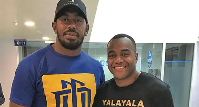 From left: Fiji Airways Fijian 7s forward Kalione Nasoko and Alasio Naduva at the UK Visa Centre at Tappoo City in Suva on April 26, 2019.