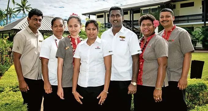 Tanoa Rakiraki Hotel manager Rameshwari Mani (centre) with some of her staff. 
