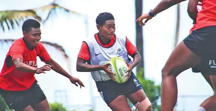 Fiji Airways Fijiana sevens captain Ana Maria Naimasi (with ball) during training at the Pacific Theological College ground in Suva on November 21, 2023. Photo: FRU Media