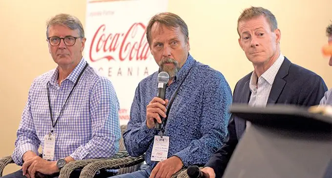 From left: Jeff Maguire of Coca Cola Amatil Don Thomson of The Centre for Regenerative Design and Collaboration with Douglas Woodring founder of Ocean Recovery Alliance during the 11th Global Plasticity Forum at Grand Pacific Hotel in Suva on March 13, 2019. Photo: Ronald Kumar 