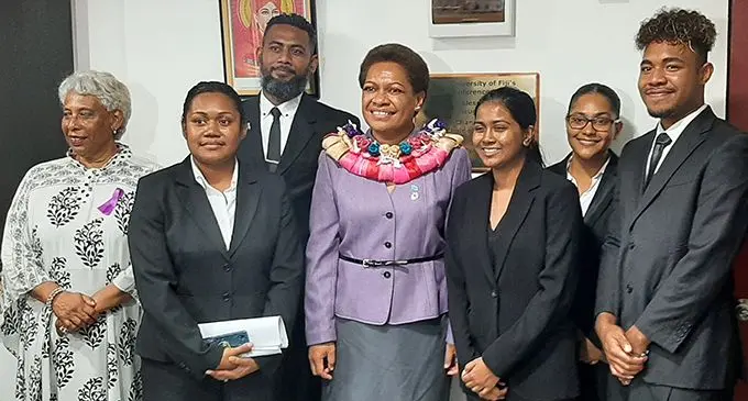 From left:The University of Fiji Acting Vice Chancellor Shaista Shameem, Fane Kasa, Isoa Matonitobua, Minister for Women Children and Poverty Alleviation Mereseini Vuniwaqa with other law students.  