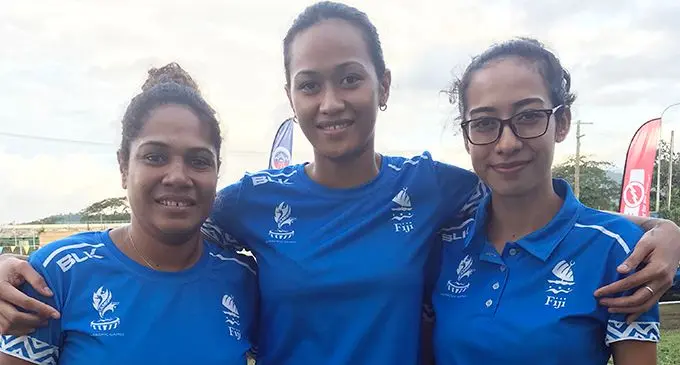 Team Fiji women’s squash players (left-right) Makita Sokidi, Alison Mua, Janice Chan after winning the bronze medal at the Pacific Games in Apia, Samoa on July 11, 2019. Photo: Anasilini Natoga