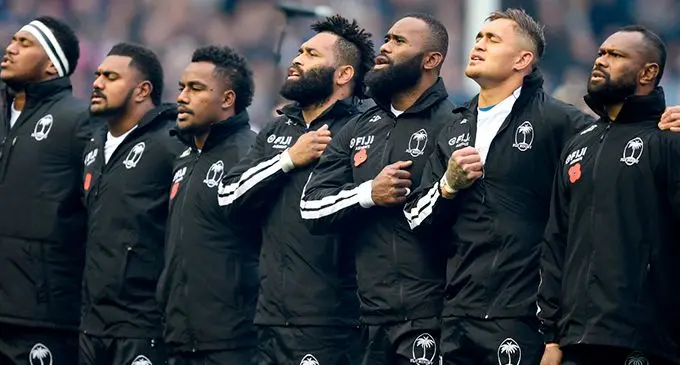 Fiji Airways Flying Fijians (left-right) Eroni Mawi, Mesulame Dolokoto, Setraeki Tuicuvu, Metuisela Talebula, Semi Radradra and Jale Vatubua, who are all based in Europe.